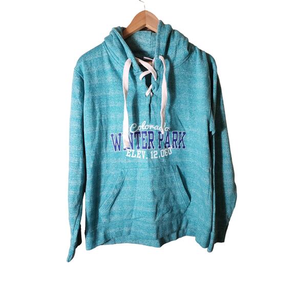 WINTER PARK COLORADO Turquoise Blue Active Thick Tie Pullover Hoodie SZ L - Picture 1 of 10
